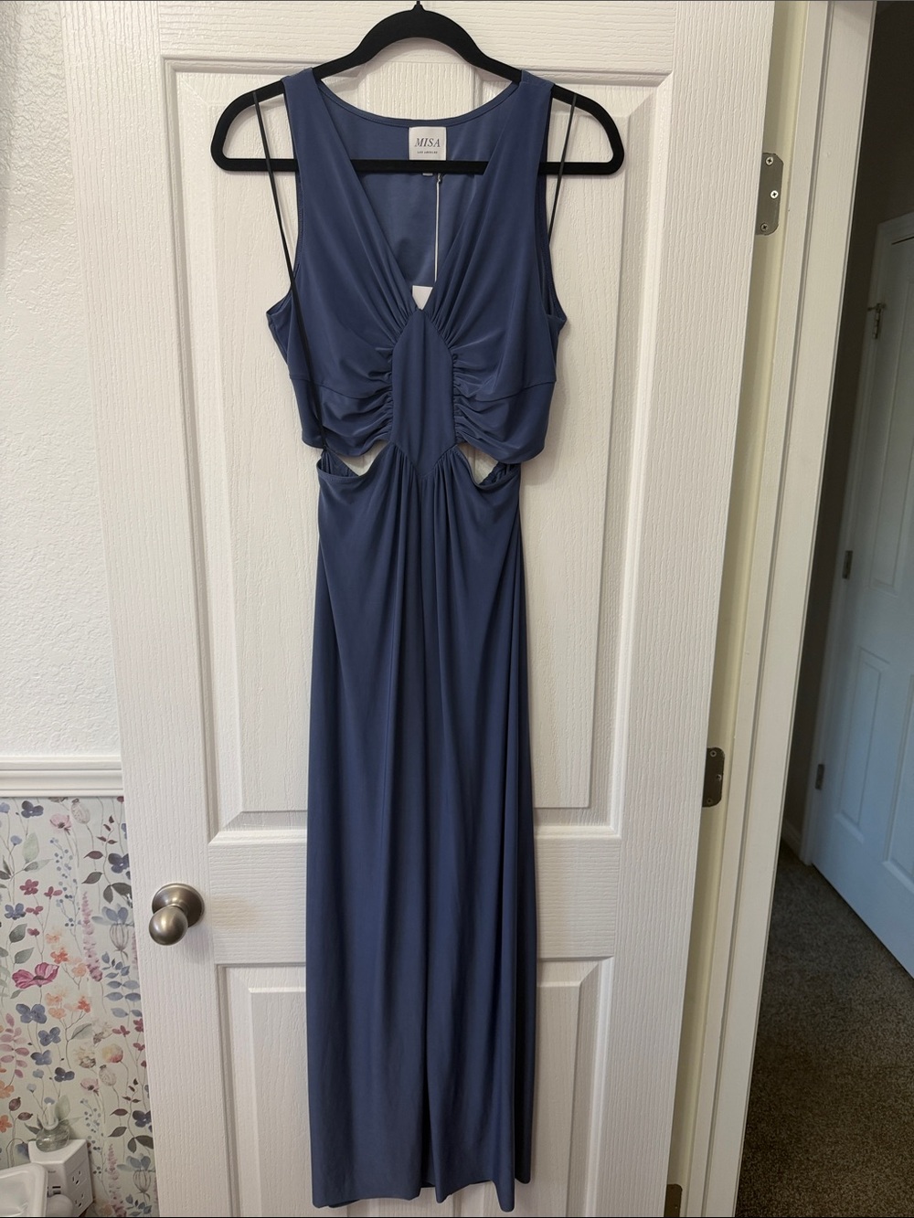Misa Los Angeles Slate Blue Ruched Cutout Maxi Dress
